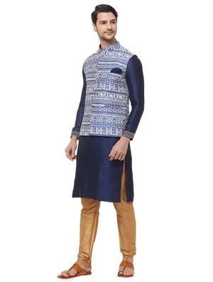 blue silk blend printed nehru jacket - 16518146 - Standard Image - 4
