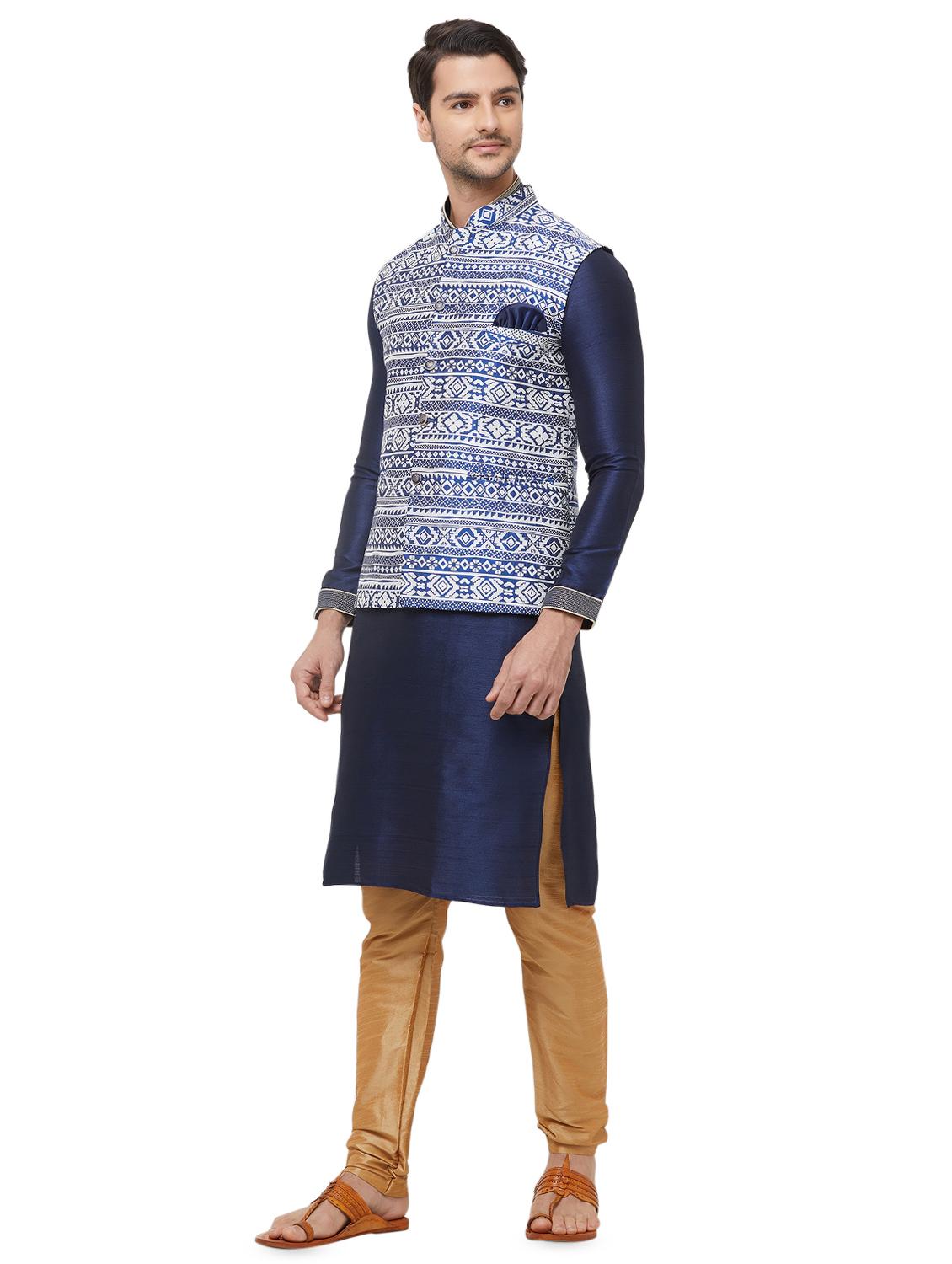 blue silk blend printed nehru jacket - 16518146 - Zoom Image - 4