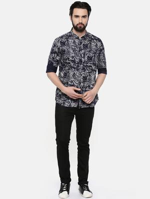 dark blue printed casual shirt - 16523945 - Standard Image - 4