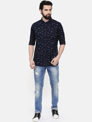 dark blue printed casual shirt - 16523963 - Standard Image - 4