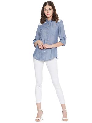 roll up sleeved contrast lace denim shirt - 16548936 - Standard Image - 4