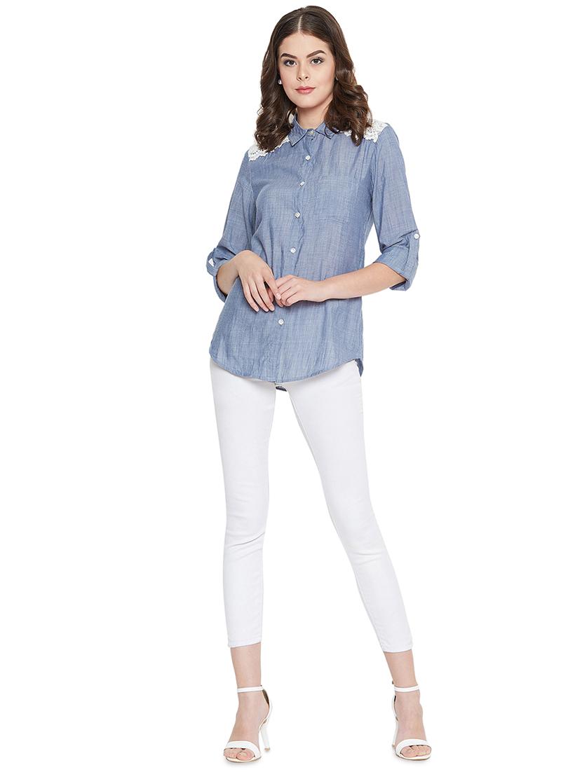 roll up sleeved contrast lace denim shirt - 16548936 - Zoom Image - 4