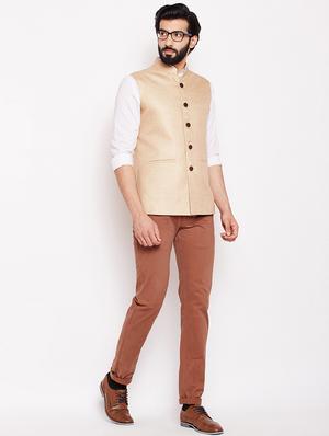 beige silk solid nehru jacket - 16550834 - Standard Image - 4