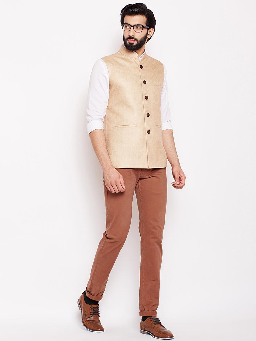 beige silk solid nehru jacket - 16550834 - Zoom Image - 4