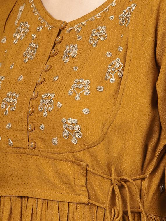 mustard embroidered front slit a-line kurta - 16552106 - Zoom Image - 4