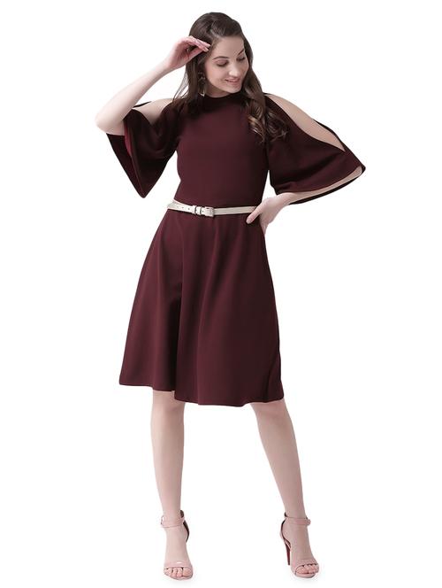 crew neck slit sleeved belted dress - 16552924 - Standard Image - 1