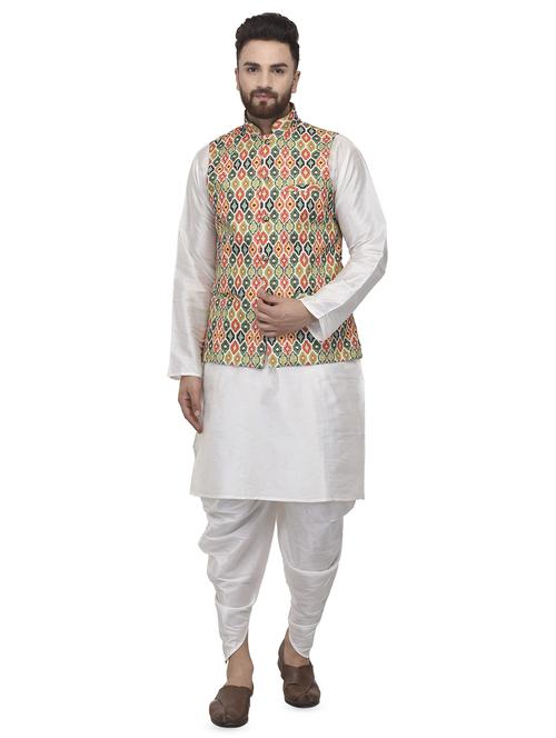 white solid dhoti kurta set with green printed nehru jacket - 16553538 - Standard Image - 1