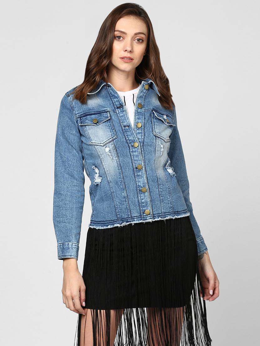 blue distressed washed denim jacket