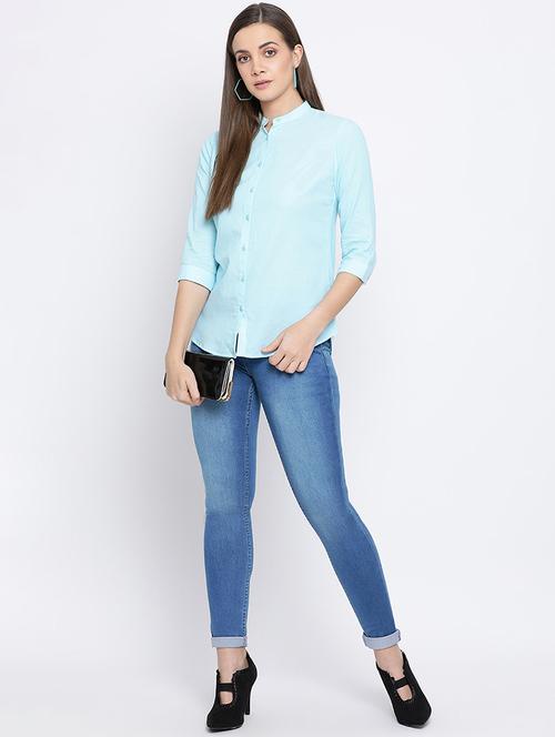 mandarin neck solid shirt - 16558586 - Standard Image - 1