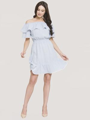 off shoulder striped a-line dress - 16559997 - Standard Image - 4