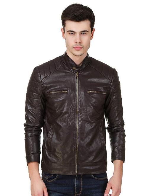 brown solid faux leather biker jacket - 16561927 - Standard Image - 1