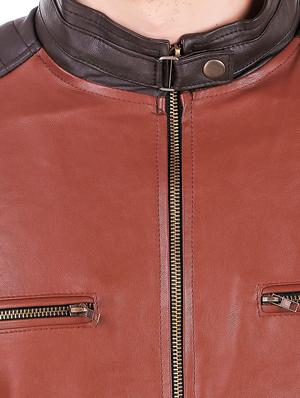 brown color block biker jacket - 16561935 - Standard Image - 4