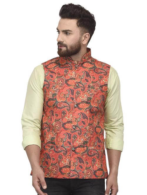 orange paisley printed nehru jacket - 16566707 - Standard Image - 1