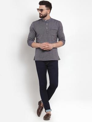 grey solid short kurta - 16567181 - Standard Image - 4