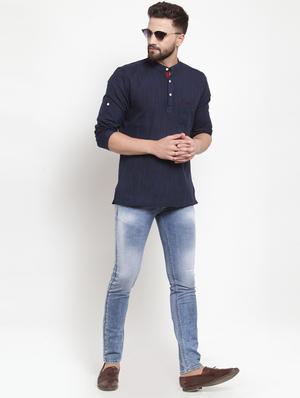 navy blue solid short kurta - 16567182 - Standard Image - 4