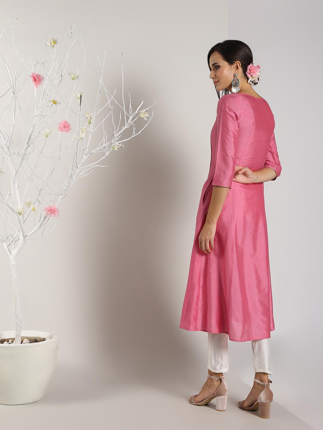 piping detailed silk flared kurta - 16568794 - Zoom Image - 4