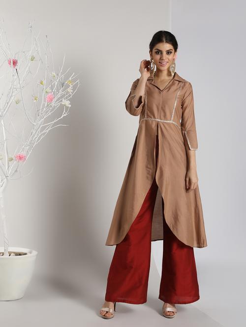 solid silk high slit kurta - 16568799 - Standard Image - 1