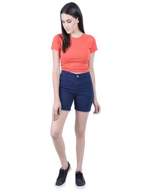 high rise solid denim shorts - 16576516 - Standard Image - 4