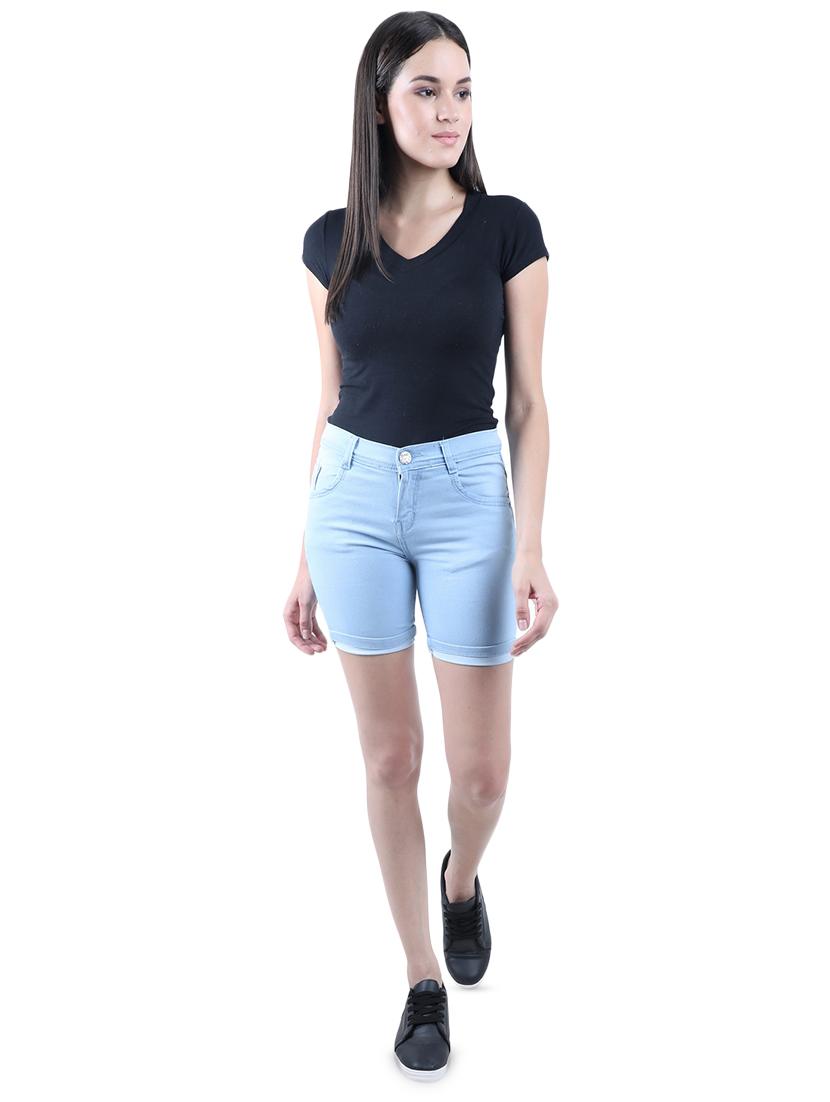 high rise solid denim shorts - 16576517 - Zoom Image - 4