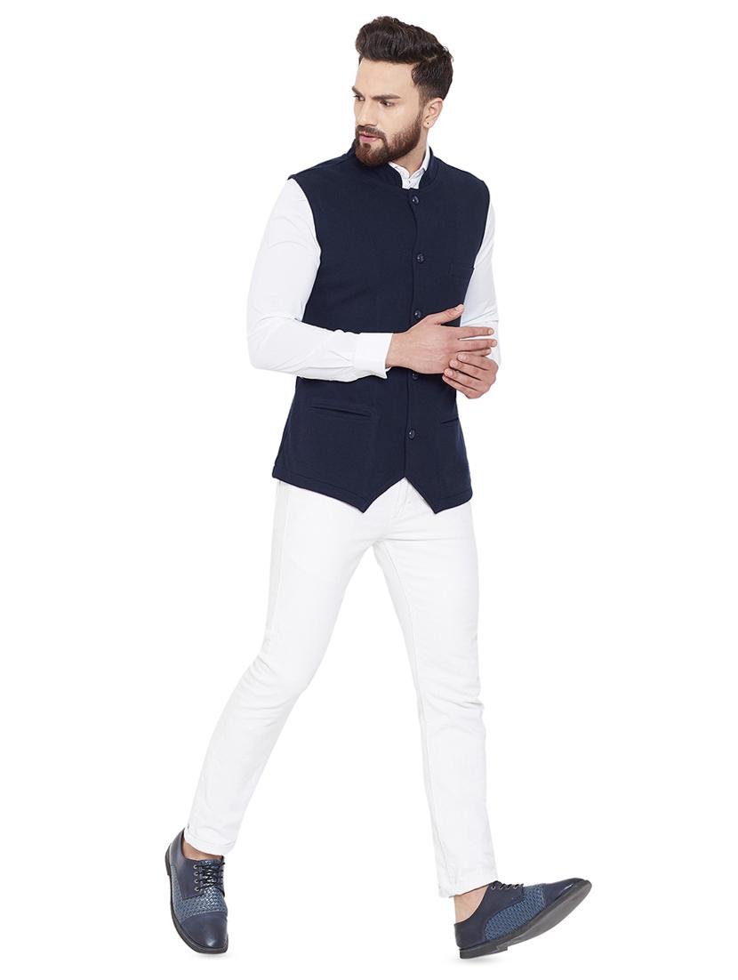 navy blue solid nehru jacket - 16586266 - Zoom Image - 4