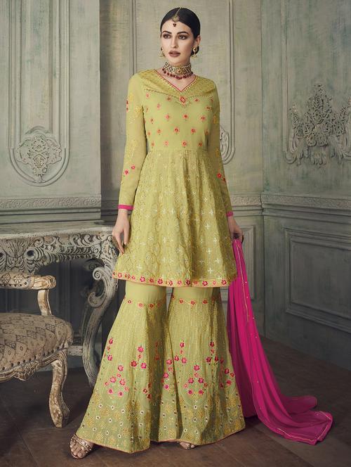 olive. sharara semi-stitched suit - 16587863 - Very Small Image - 1