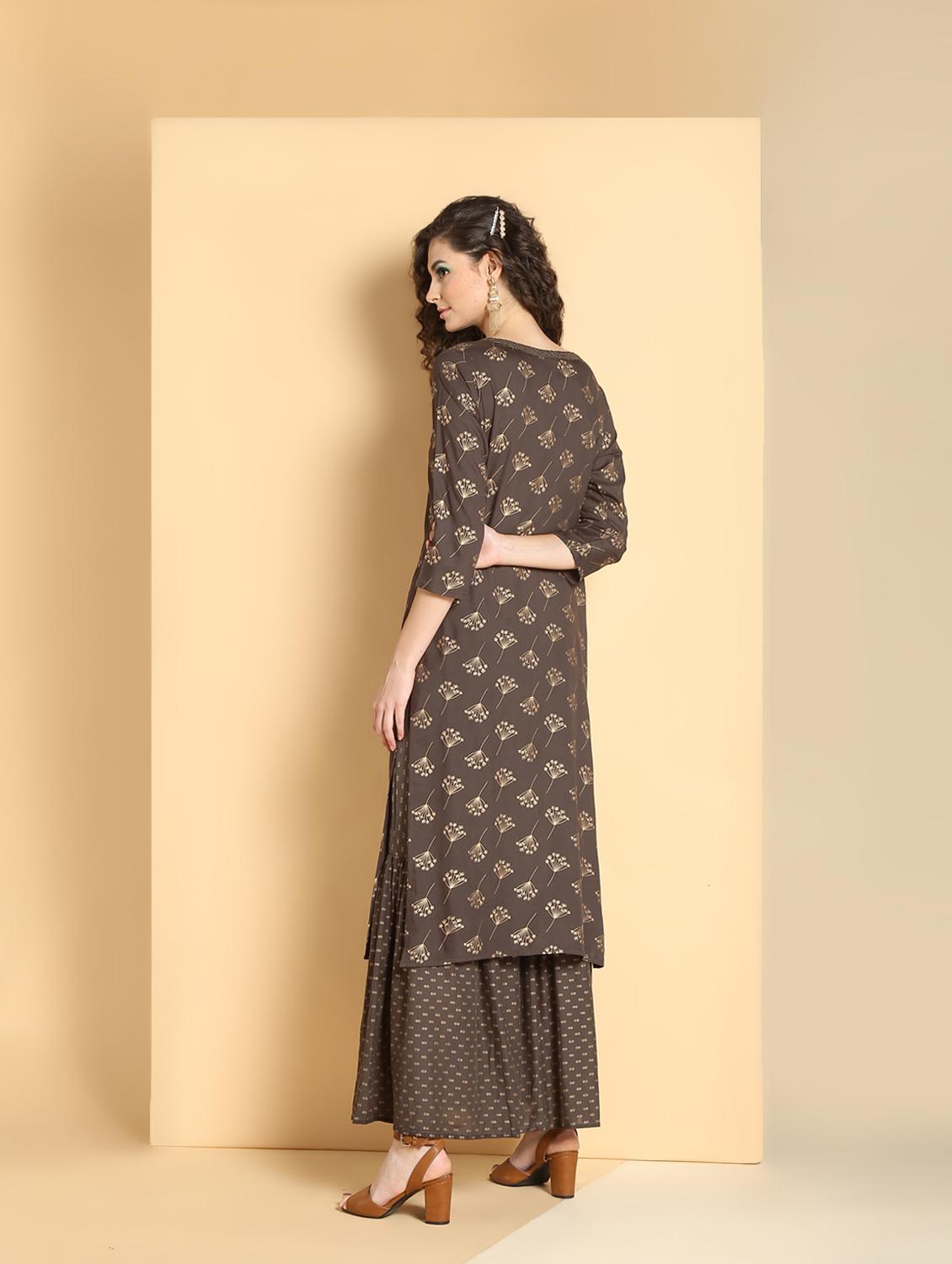 brown rayon kurta palazzo set - 16598531 - Zoom Image - 4