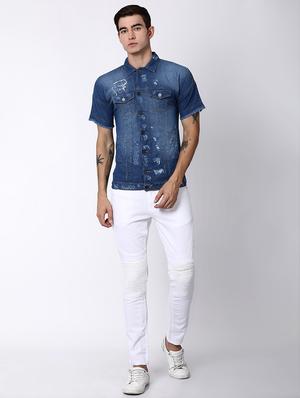 blue faded ripped denim casual shirt - 16600905 - Standard Image - 4
