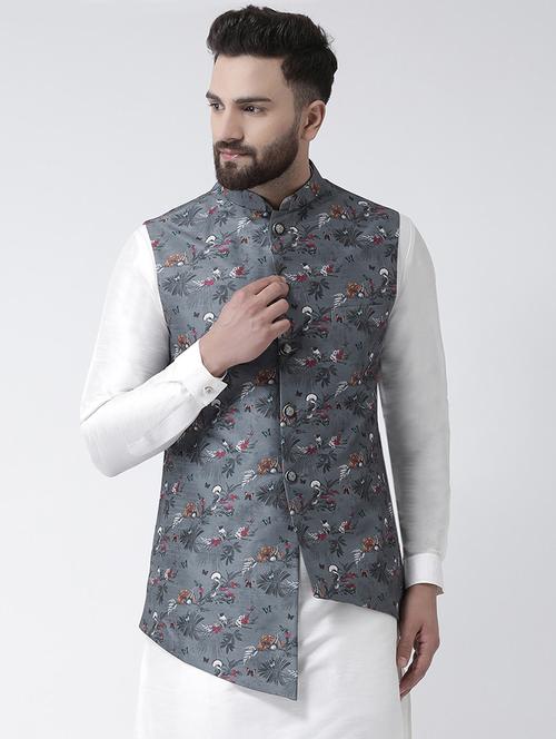 grey floral printed nehru jacket - 16603689 - Standard Image - 1