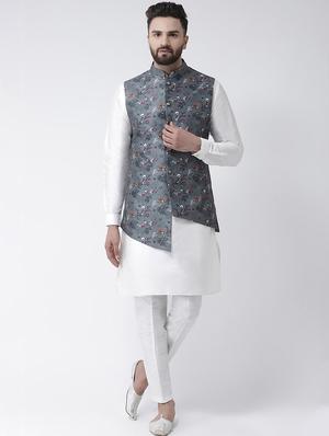 grey floral printed nehru jacket - 16603689 - Standard Image - 4