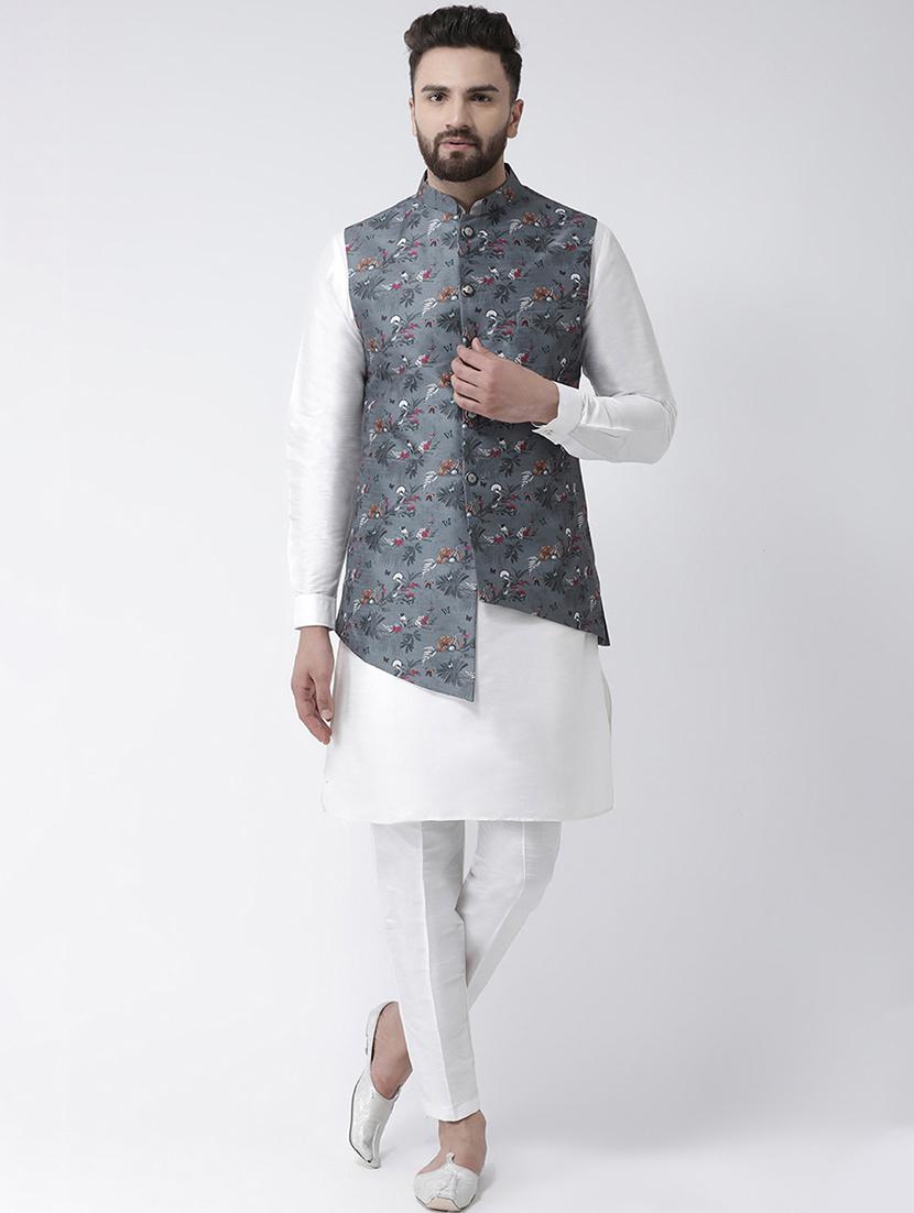 grey floral printed nehru jacket - 16603689 - Zoom Image - 4