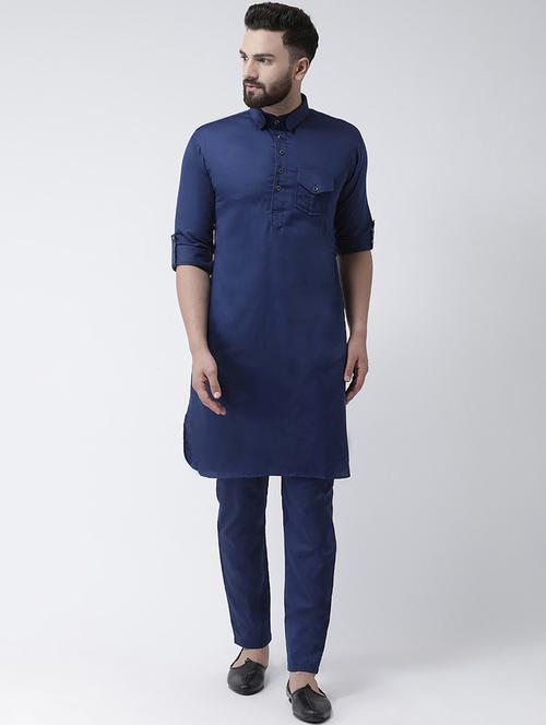 navy blue solid pathani kurta - 16603712 - Standard Image - 1