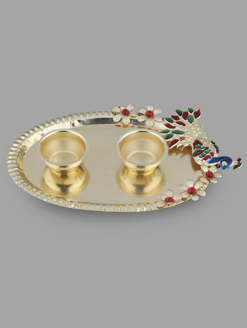 gold plated designer-ethanic peacock design kankavati pooja thali - 16603923 - Standard Image - 1