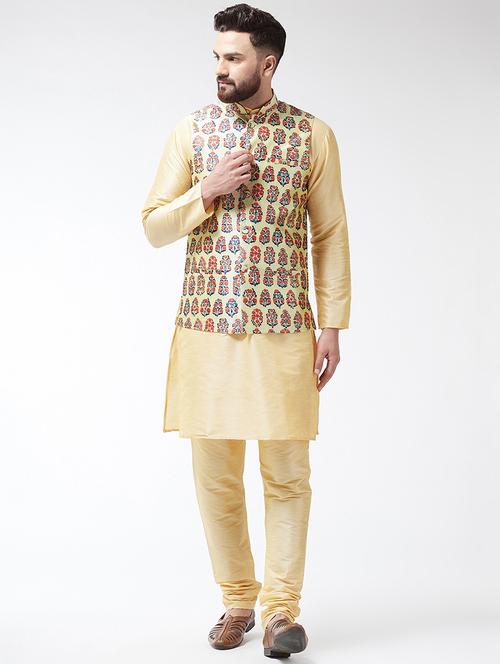 gold solid kurta pyjama set with nehru jacket - 16604058 - Standard Image - 1