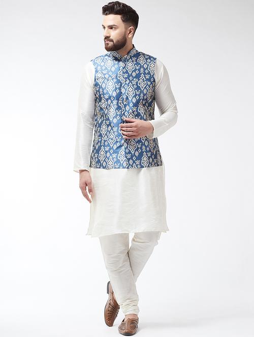 white silk blend kurta pyjama set with blue printed nehru jacket - 16604081 - Standard Image - 1