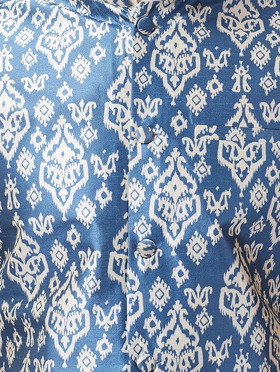 white silk blend kurta pyjama set with blue printed nehru jacket - 16604081 - Zoom Image - 4