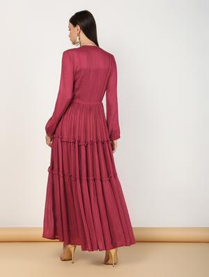 burgundy tiered kurta with bell sleeves - 16612146 - Standard Image - 4
