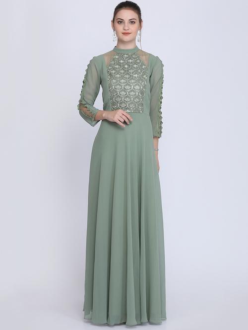 crew neck embroidered maxi gown - 16613824 - Standard Image - 1