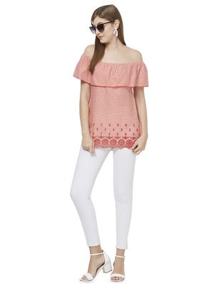 off shoulder striped schiffli top - 16614102 - Standard Image - 4