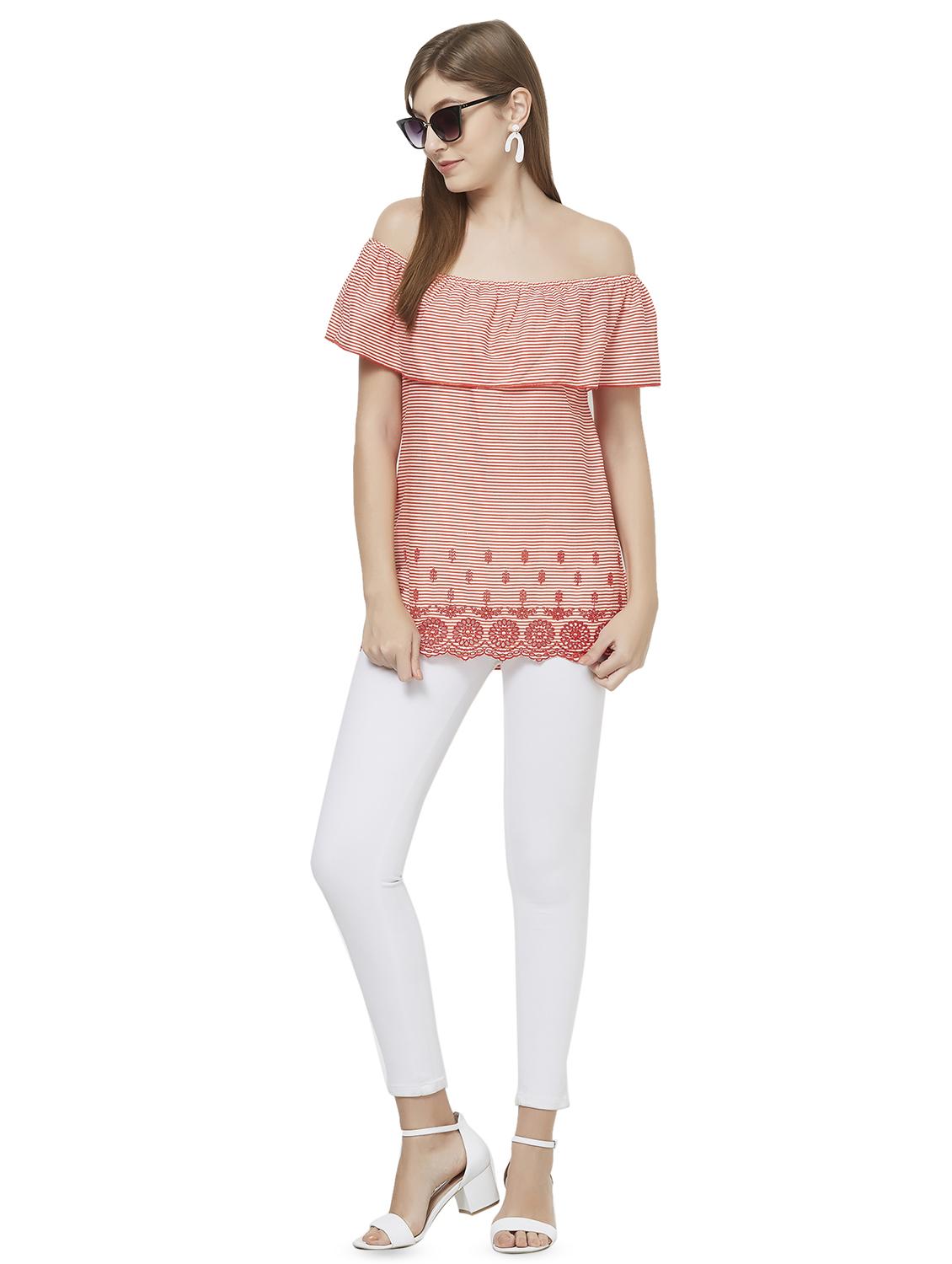 off shoulder striped schiffli top - 16614102 - Zoom Image - 4