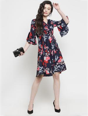v neck bell sleeved floral flared dress - 16626683 - Standard Image - 4