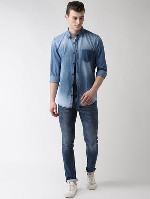 blue faded denim casual shirt - 16631237 - Standard Image - 4