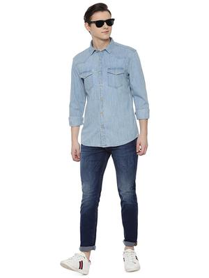 blue solid denim casual shirt - 16632637 - Standard Image - 4