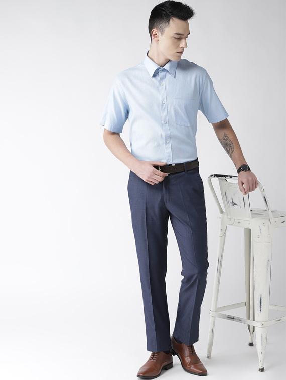 navy blue textured flat front formal trouser - 16633137 - Zoom Image - 4