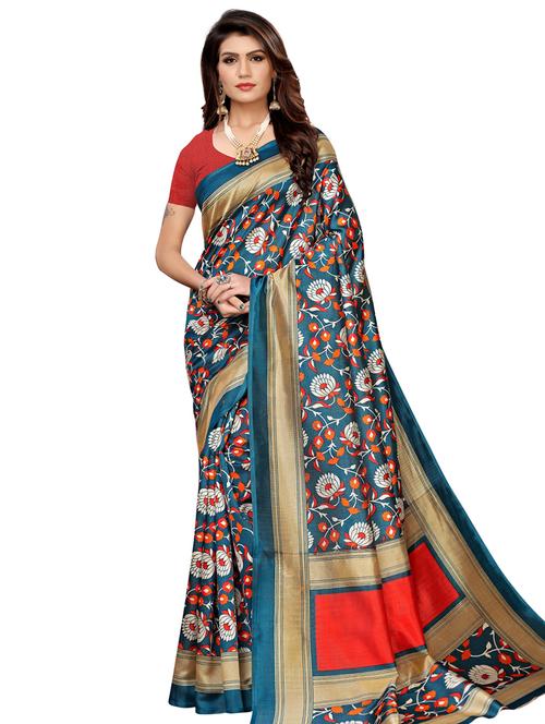 turquoise art silk printed saree with blouse - 16633360 - Standard Image - 1