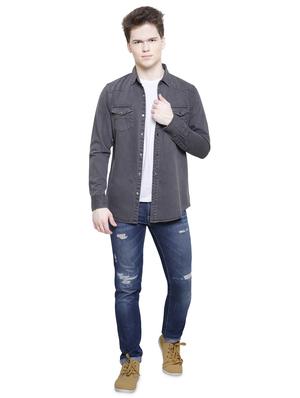 grey solid denim casual shirt - 16641389 - Standard Image - 4