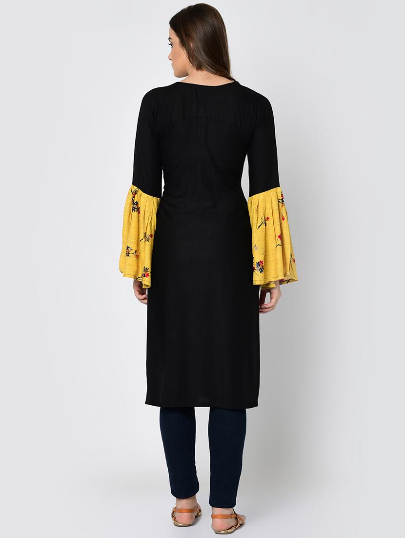 bell sleeve solid contrast kurta - 16641593 - Zoom Image - 4