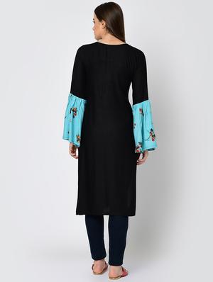 bell sleeve solid contrast kurta - 16641594 - Standard Image - 4