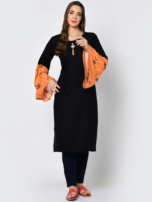bell sleeve solid contrast kurta - 16641595 - Very Small Image - 1