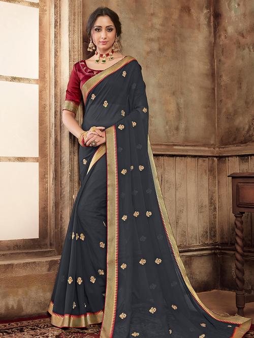 embroidered bordered saree with blouse - 16642148 - Standard Image - 1