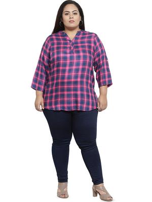 mandarin neck checkered plus top - 16642838 - Standard Image - 4